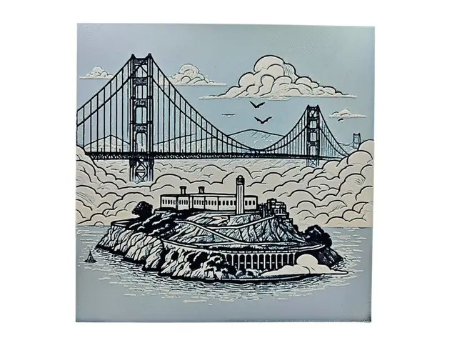 HueForge model: San Francisco (Alcatraz Island and the Golden Gate Bridge) by BusyKikiBee