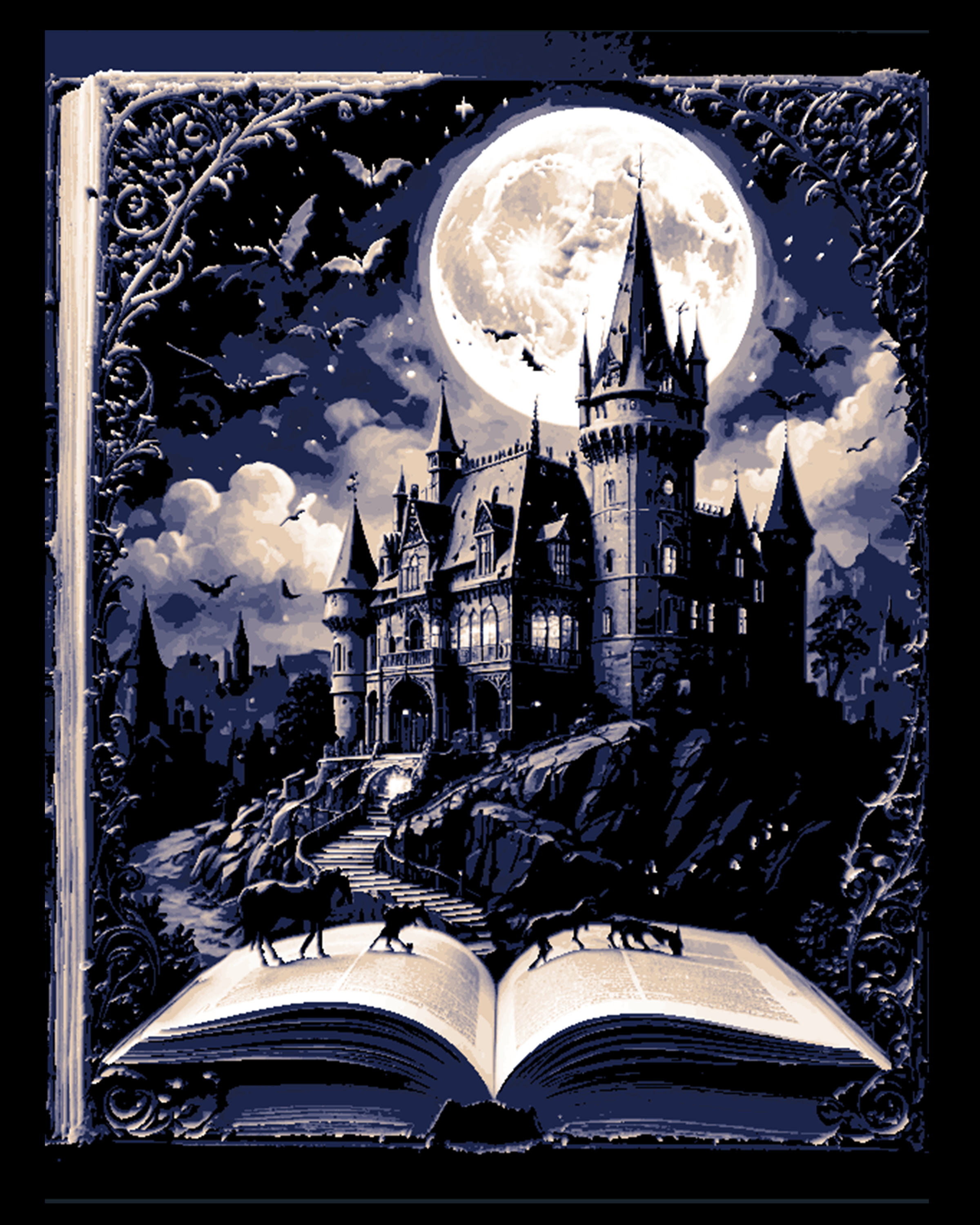 The imagination conjures the villain's castle at midnight - #9 in the open book series by BooneCo3d HueForge model: The imagination conjures the villain's castle at midnight - #9 in the open book series by BooneCo3d