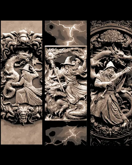 HueForge model: Continuation of the Carved historical depictions of Wizard vs Dragon - Set of Bookmarks by BooneCo3d
