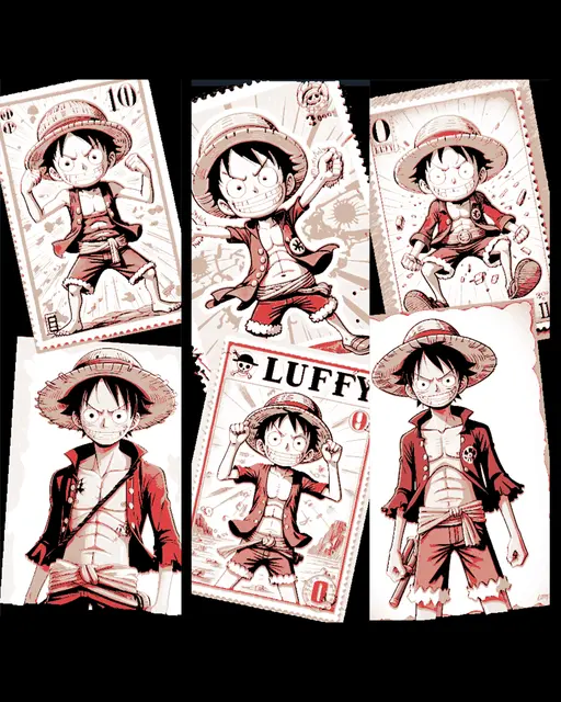 HueForge model: Mailing Fun - Luffy D. Monkey, One Piece, character stamps on bookmarks by BooneCo3d