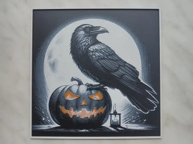 Raven sitting on Jack-o'-lantern - Hueforge